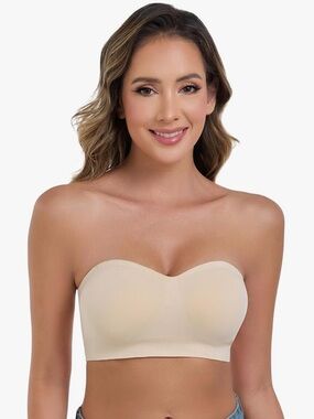 Strapless Bandeau Bra Women’s LARGE Wireless Padded Non-Slip Convertible Beige